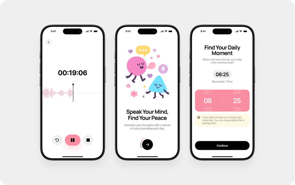 Voice journal — three mobile interface screens