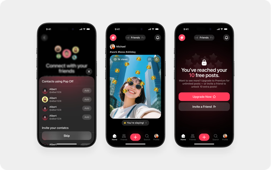 Pop Off — three mobile interface screens