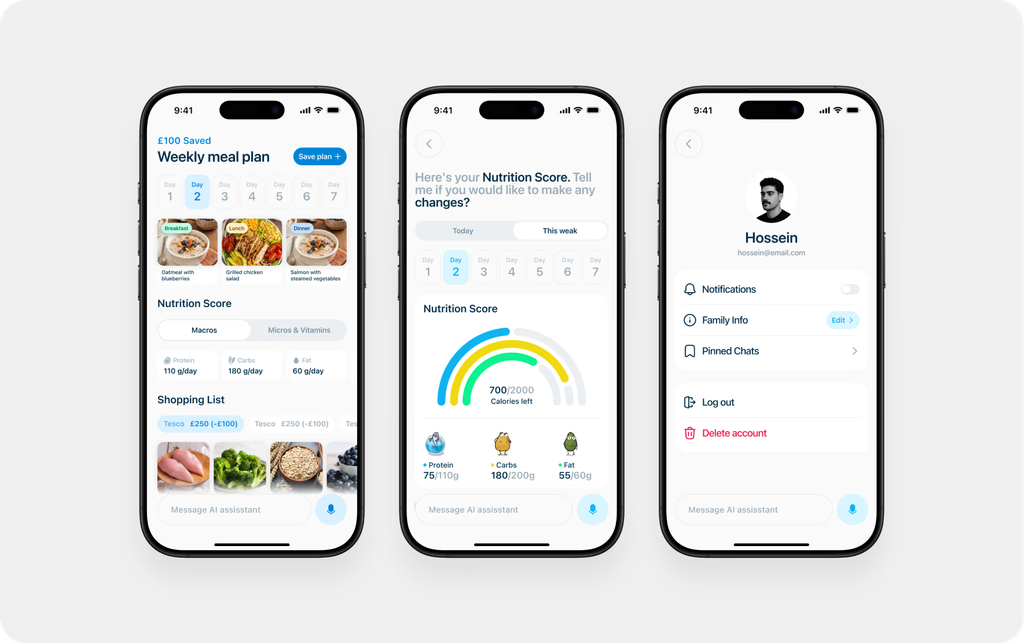 Meal planning — three mobile interface screens