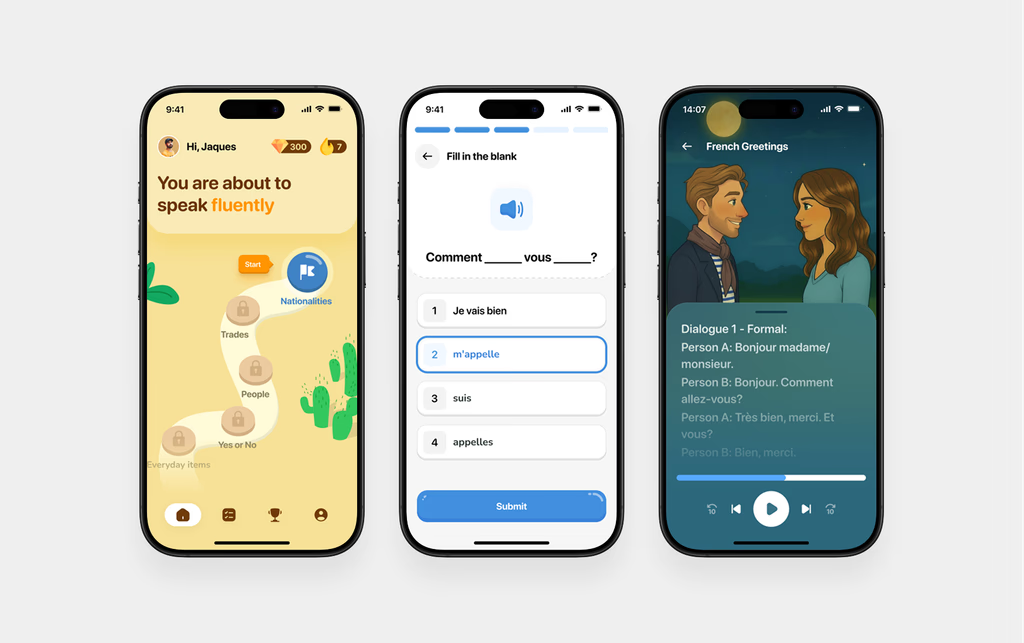 Language learning — three mobile interface screens