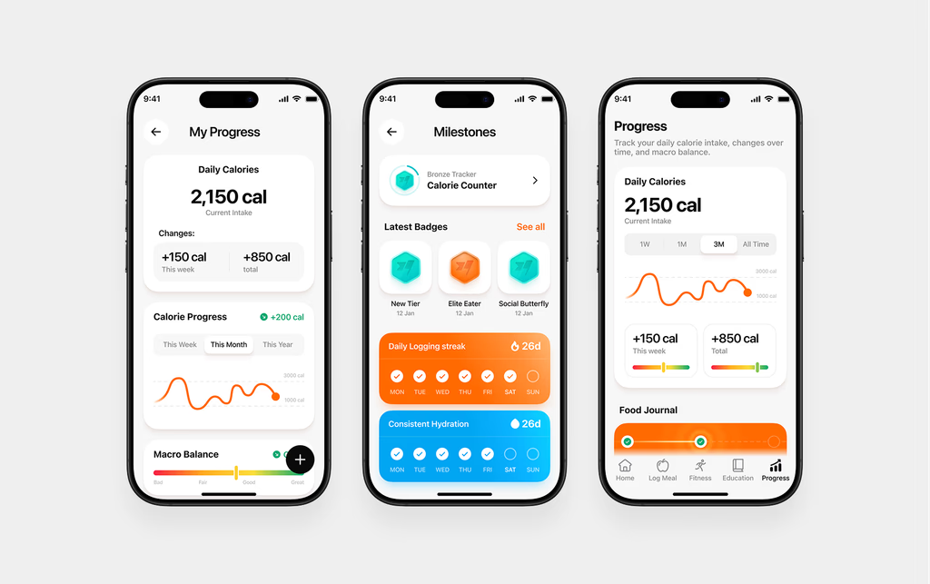 Fitness & nutrition — three mobile interface screens