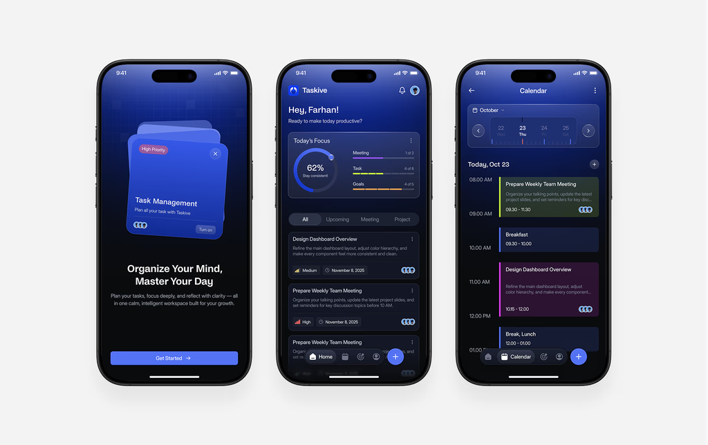 Taskive — three mobile interface screens