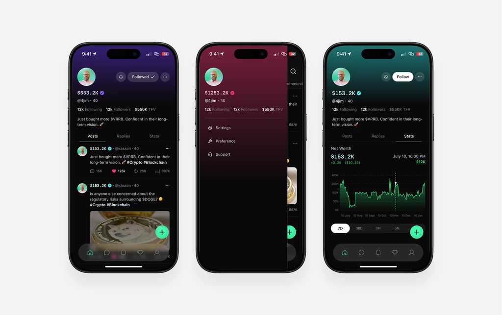 Social finance — three mobile interface screens